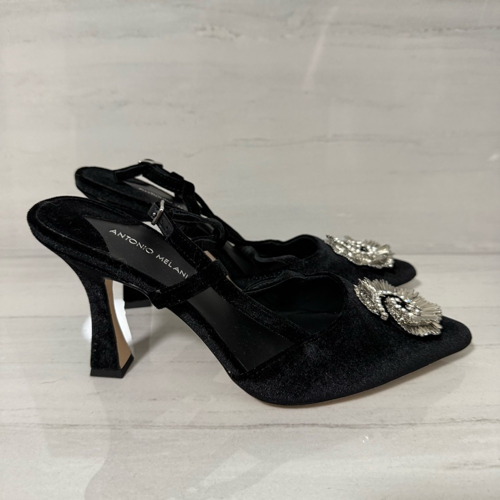 Antonio Melani Black Velvet Embellished Heels Elegant Strappy Pointed Toe Pumps - Picture 2 of 8